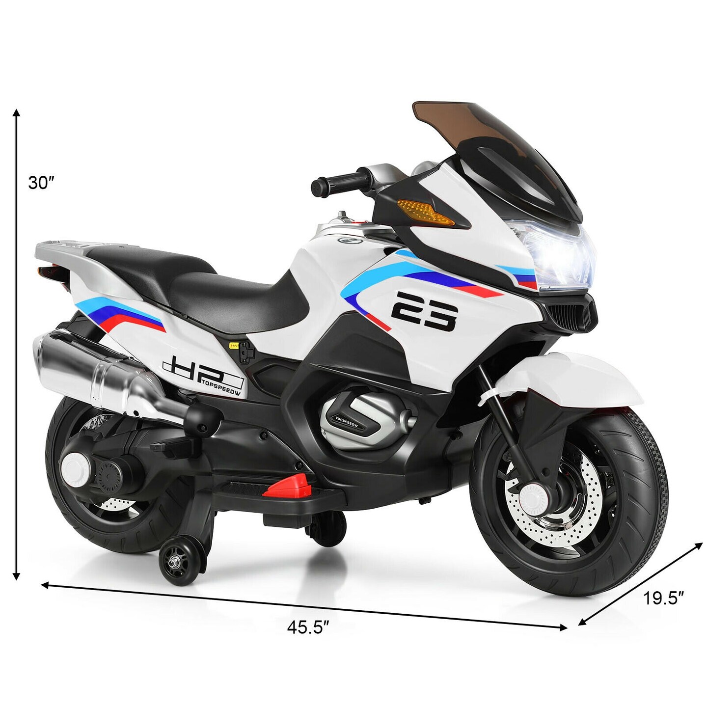 Iron Kids Ride-On Motorcycle with LED, Music and Training Wheels