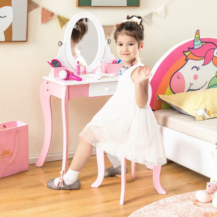 Pretend Kids Vanity Set Makeup Dressing Table with 360&#xB0; Rotatable Mirror