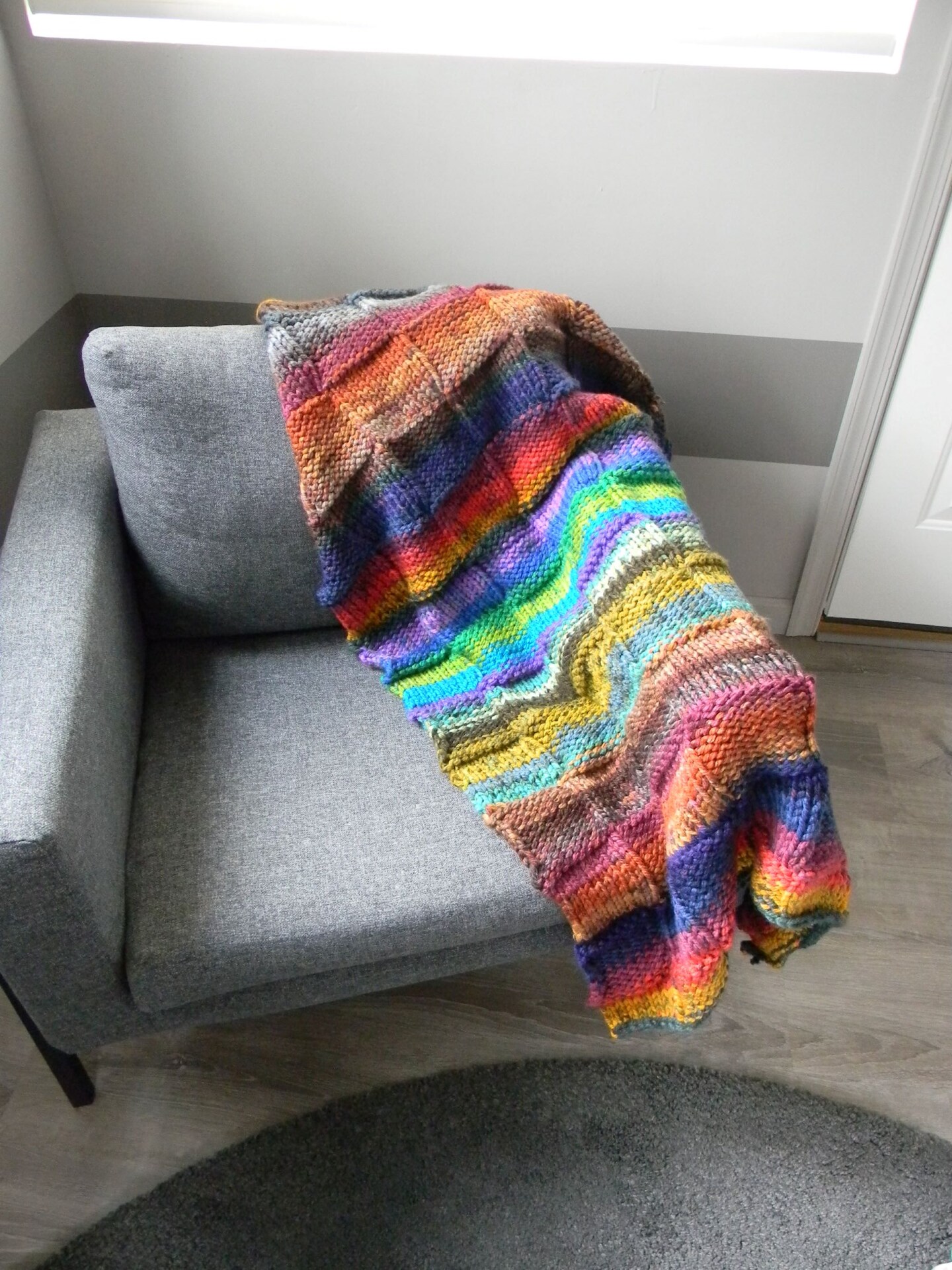 Hand Knitted Multi-Colored, Square, Basket Weave, Chunky, Throw