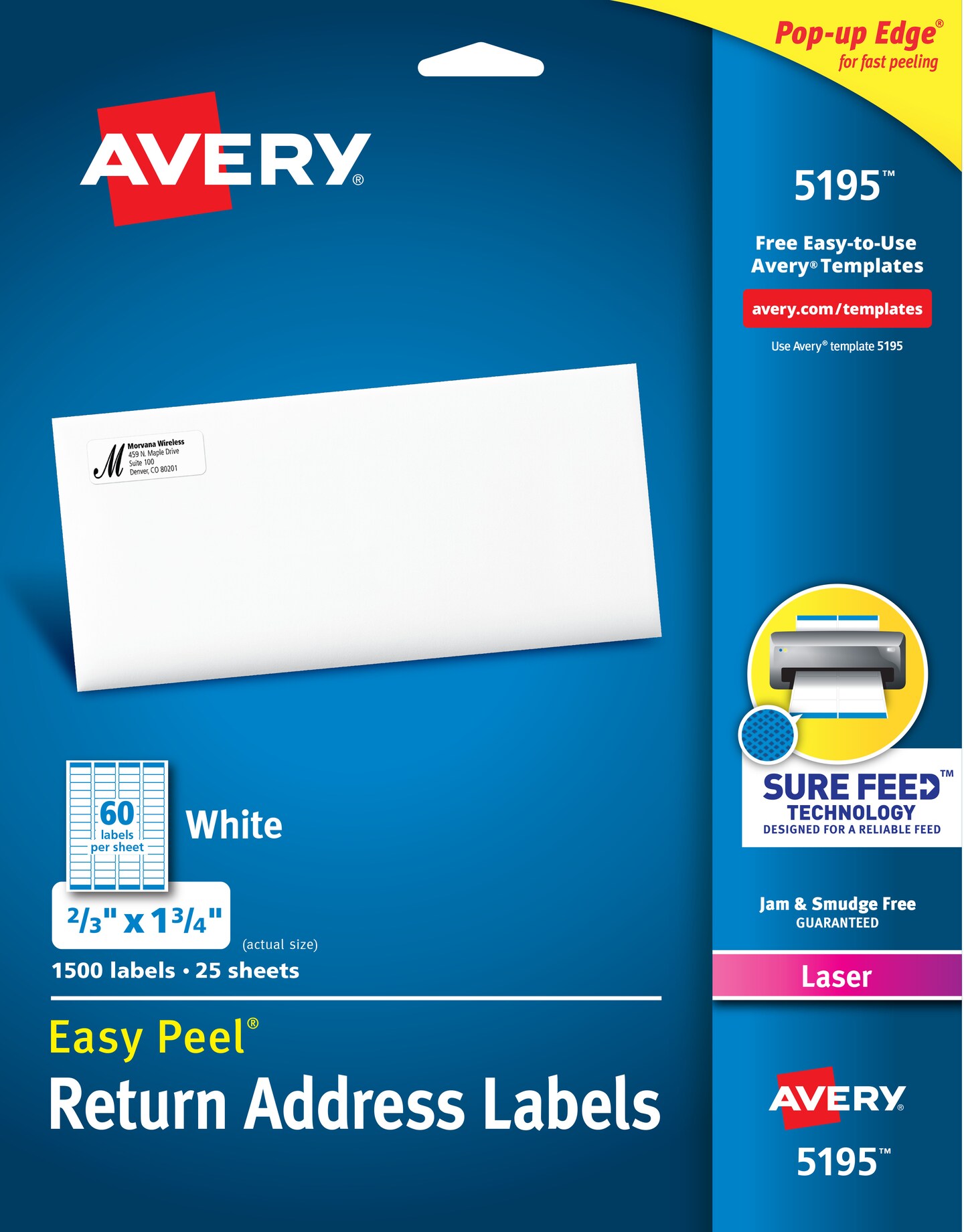 Avery Easy Peel Return Address Labels, Sure Feed Technology, Permanent Adhesive, 2/3&#x22; x 1-3/4&#x22;, 1,500 Labels (5195)