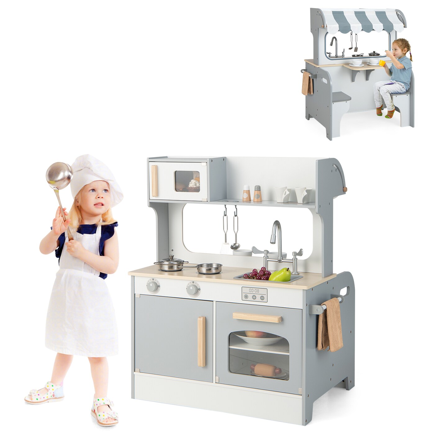 Grey Kids Play Kitchen with 2-Seat Cafe and Double Sided Design