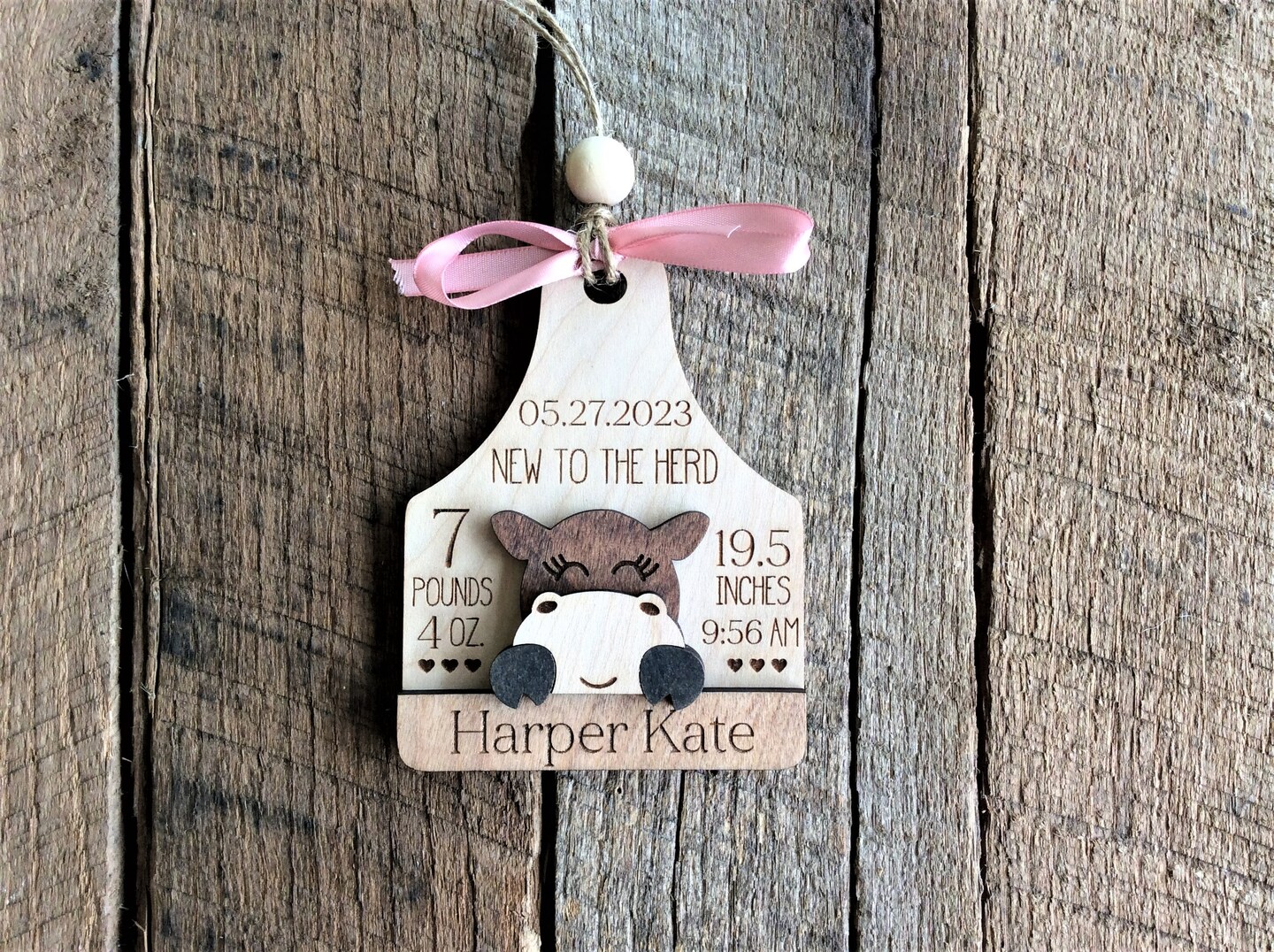 Baby Birth Stats Ornament, Personalized Cow Tag Baby Ornament