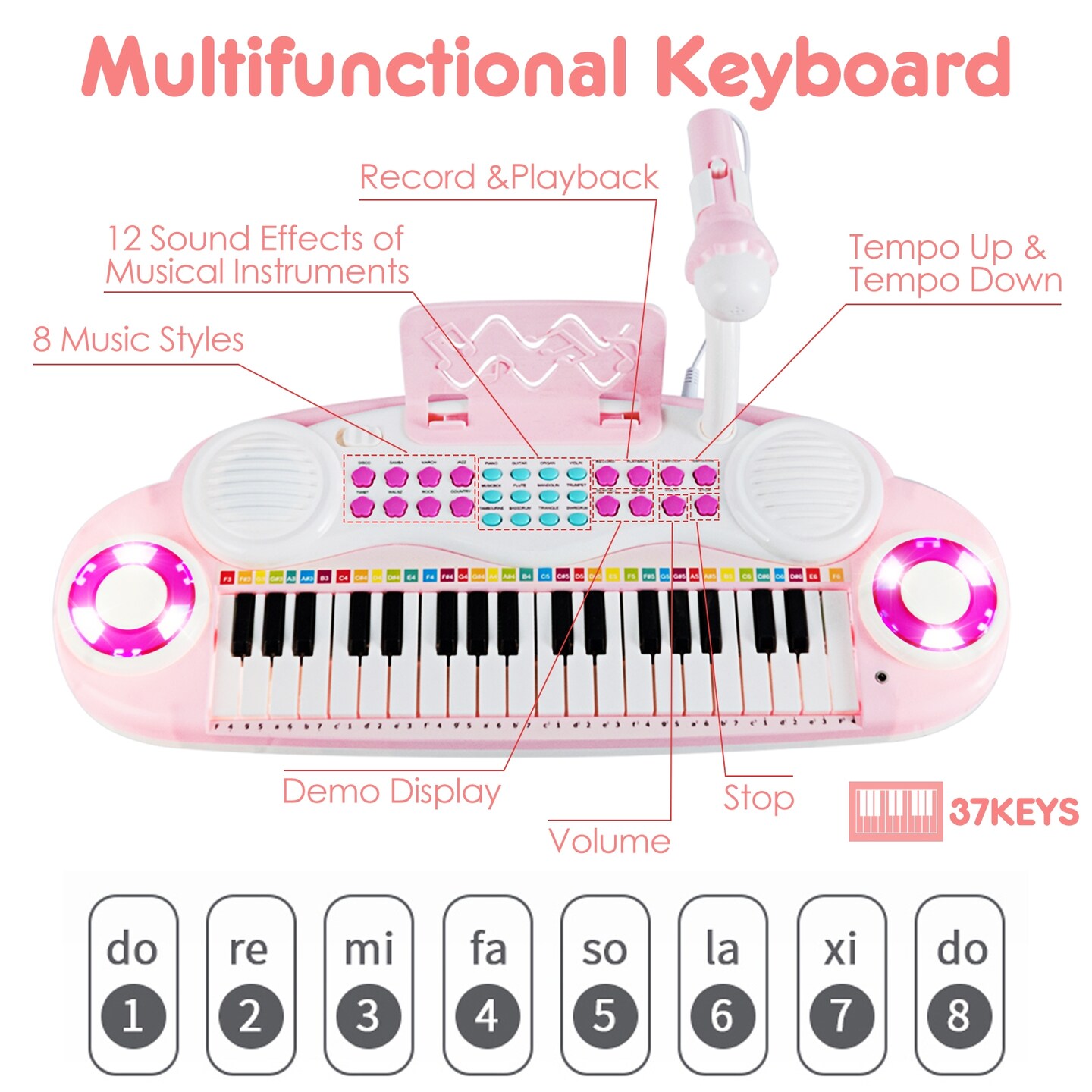 37-Key Kids Electronic Piano Keyboard Play-set with Microphone and Fun Flash Light
