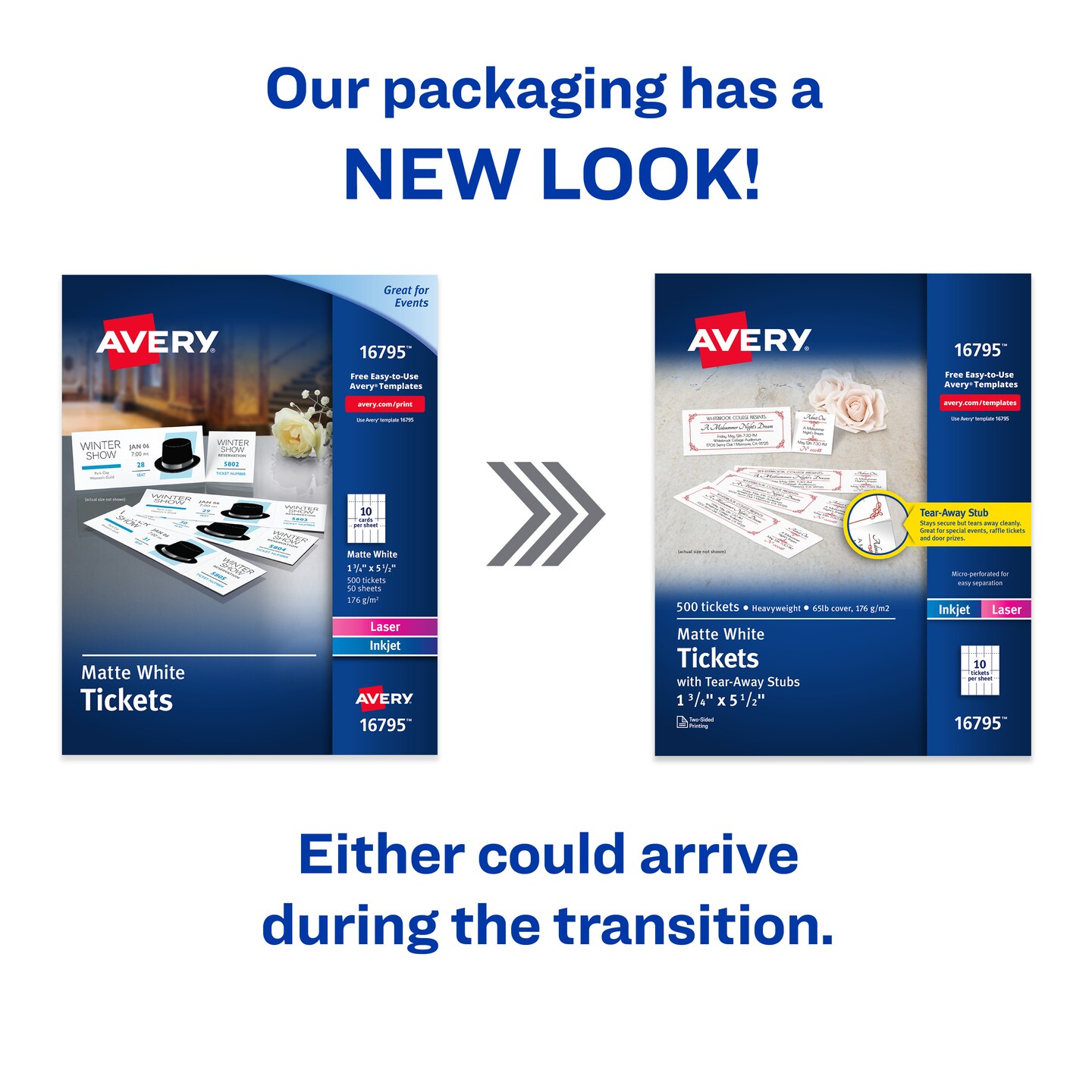 Avery Printable Tickets with Tear-Away Stubs, 1.75&#x22; x 5.5&#x22;, Matte White, 500 Blank Tickets for Laser and Inkjet Printers (16795)