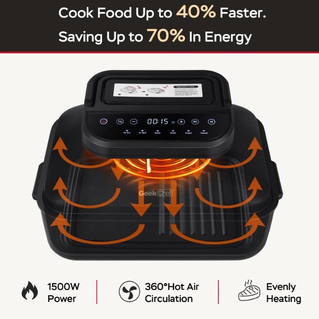 Geek Chef 7 In 1 Smokeless Portable Electric Indoor Tabletop Grill with Air Fry, Roast and Baking - 6-Servings