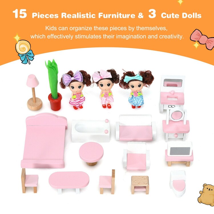Wooden Dollhouse 3-Story Pretend Playset with Furniture and Doll Gift