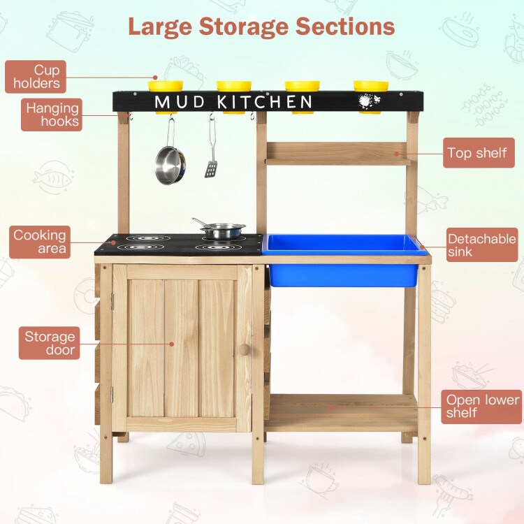 Outdoor Mud Kids Kitchen Playset Wooden Pretend Play Toy with Kitchenware