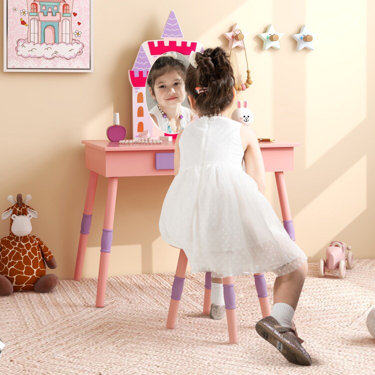 Pink Kids Vanity Table with Silver Mirror Stool Storage Drawer and Accessories MDF