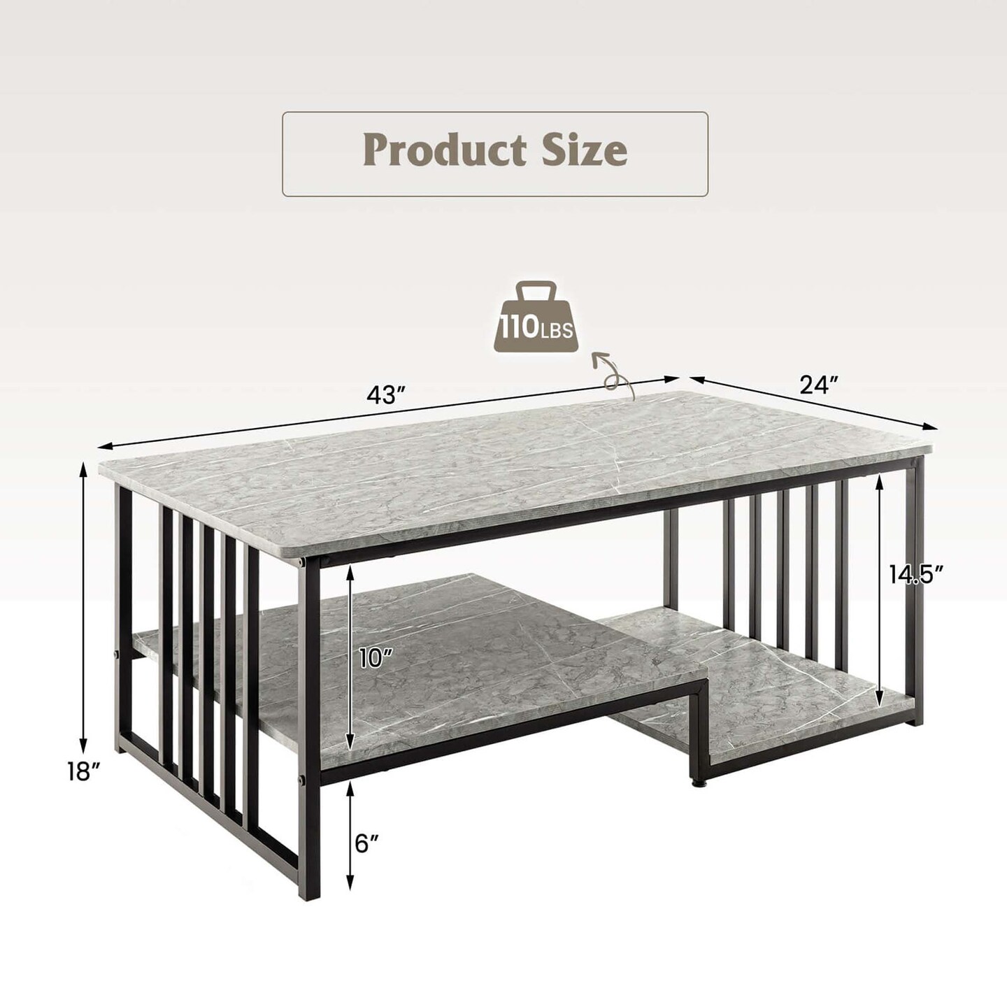 Costway Faux Marble Coffee Table Rectangular 2-Tier Center Table with Open Storage Shelf