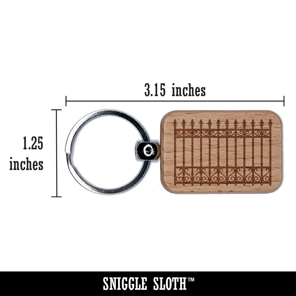 Fancy Wrought Iron Gate Fence Engraved Wood Rectangle Keychain Tag Charm