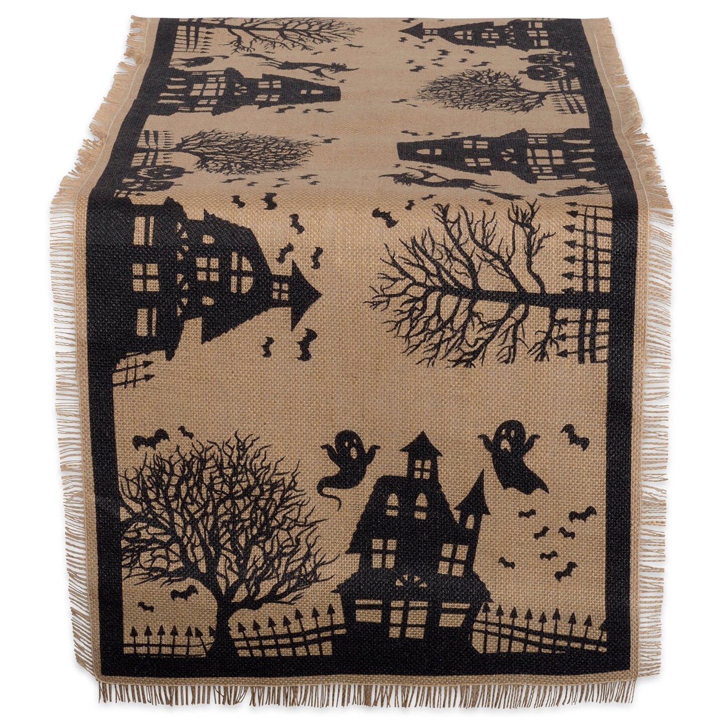 Contemporary Home Living Haunted House Fringed Halloween Table Runner - 108&#x22; - Black and Brown