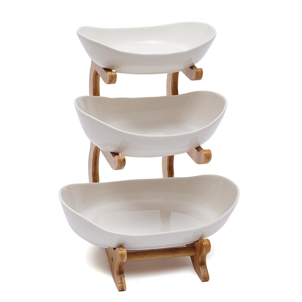 Kitcheniva 3 Tier Wooden Cake Stand Ceramic Fruit Tray