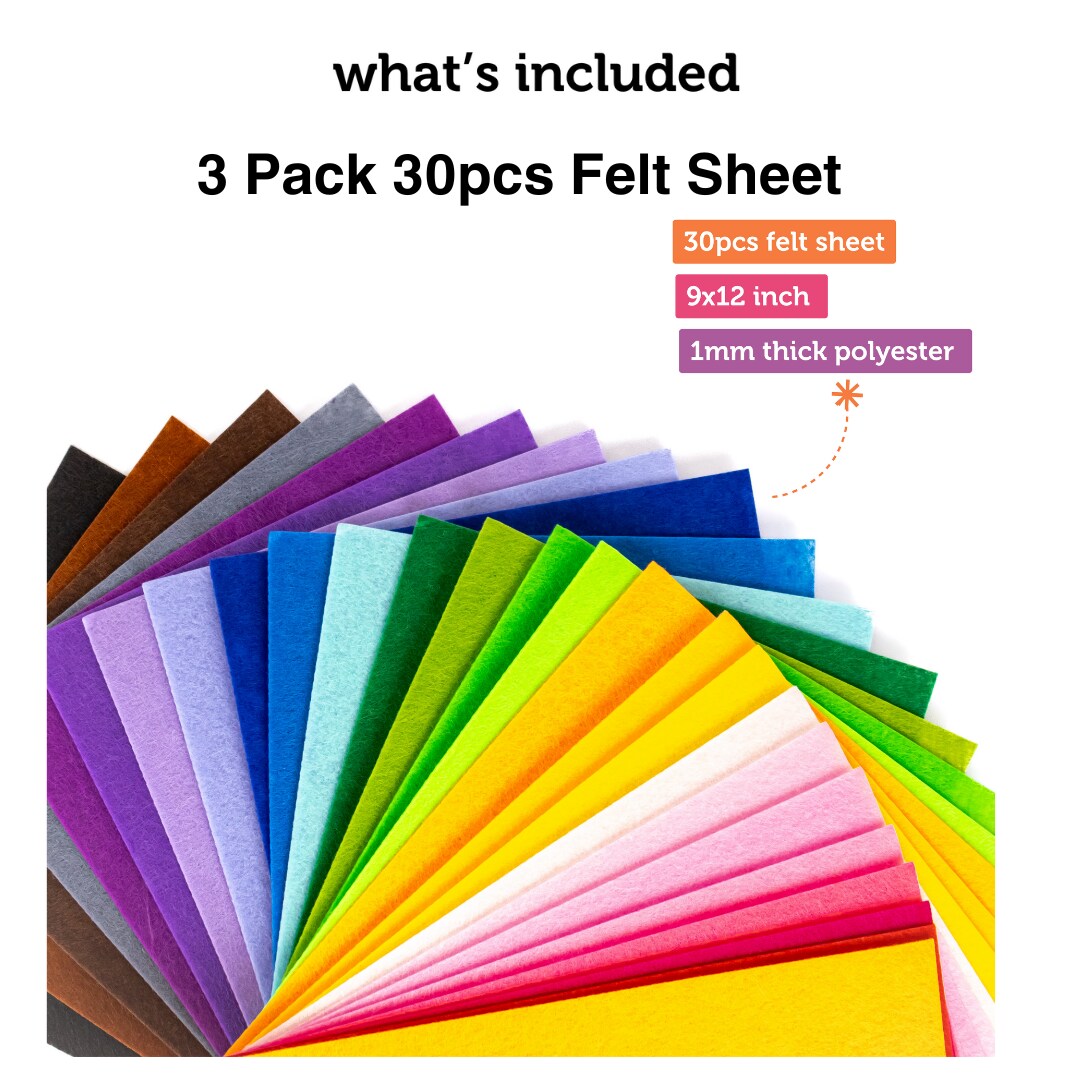 3 PACK - Incraftables Felt Sheets for Crafts (30 Pieces). Best Colored Felt Fabric Sheets (1mm Thick). Assorted Stiff Felt Sheets Paper Pack of 30 Colors (9&#x201D; x 12&#x201D;) for DIY Decorations &#x26; Sewing Projects