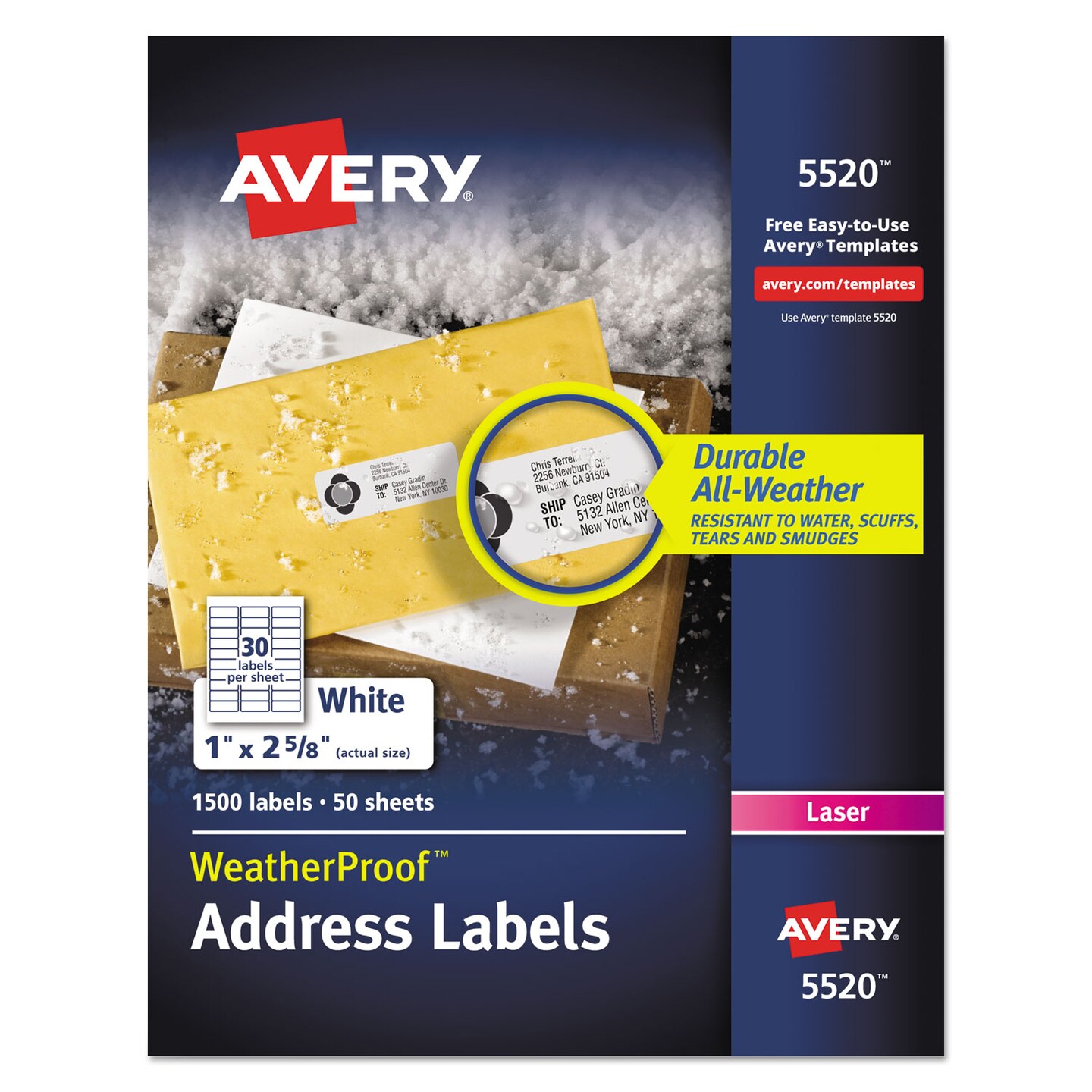 Avery WeatherProof Durable Mailing Labels w/ TrueBlock Technology Laser Printers 1 x 2.63 White 30/Sheet 50 Sheets/Pack