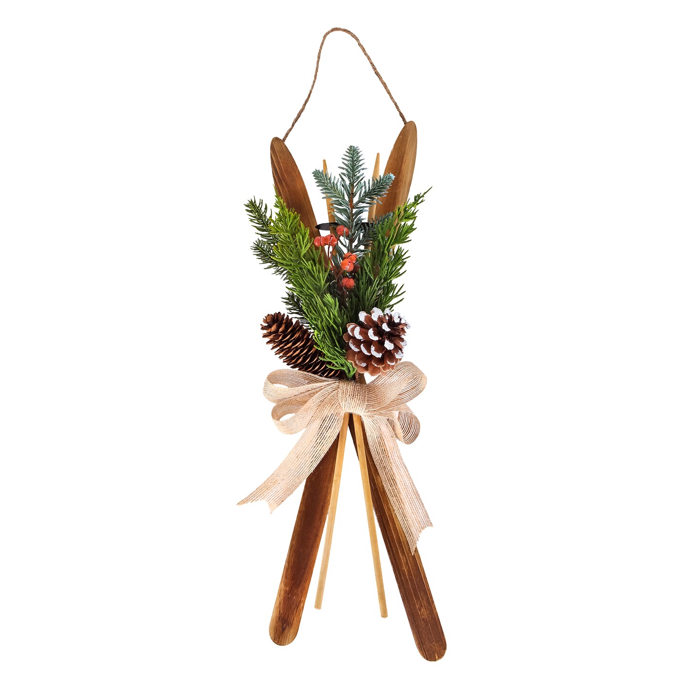 National Tree Company Christmas Wall Decoration, Brown, Wooden, Holiday Skis,  Red Berries, Evergreen Tips, Pine Cones with Linen Bow, 17 Inch