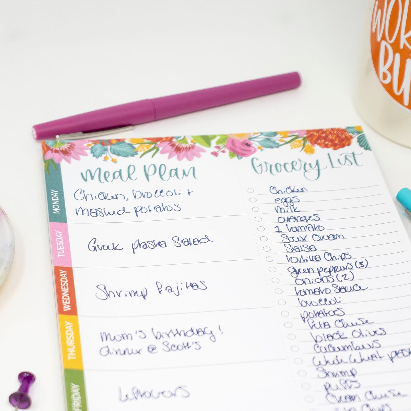 bloom daily planners Planning Pad, 6&#x22; x 9&#x22;, Meal Planning Pad with Magnets, Pink Floral