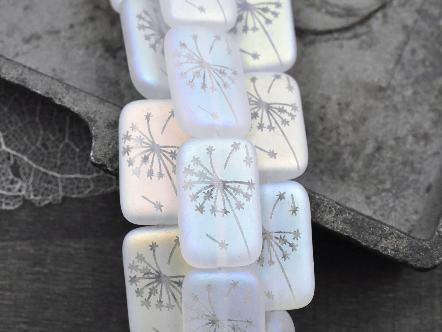 *8* 15x10mm Matte White Crystal Irridescent Dandelion Laser Tattoo Rectangle Beads