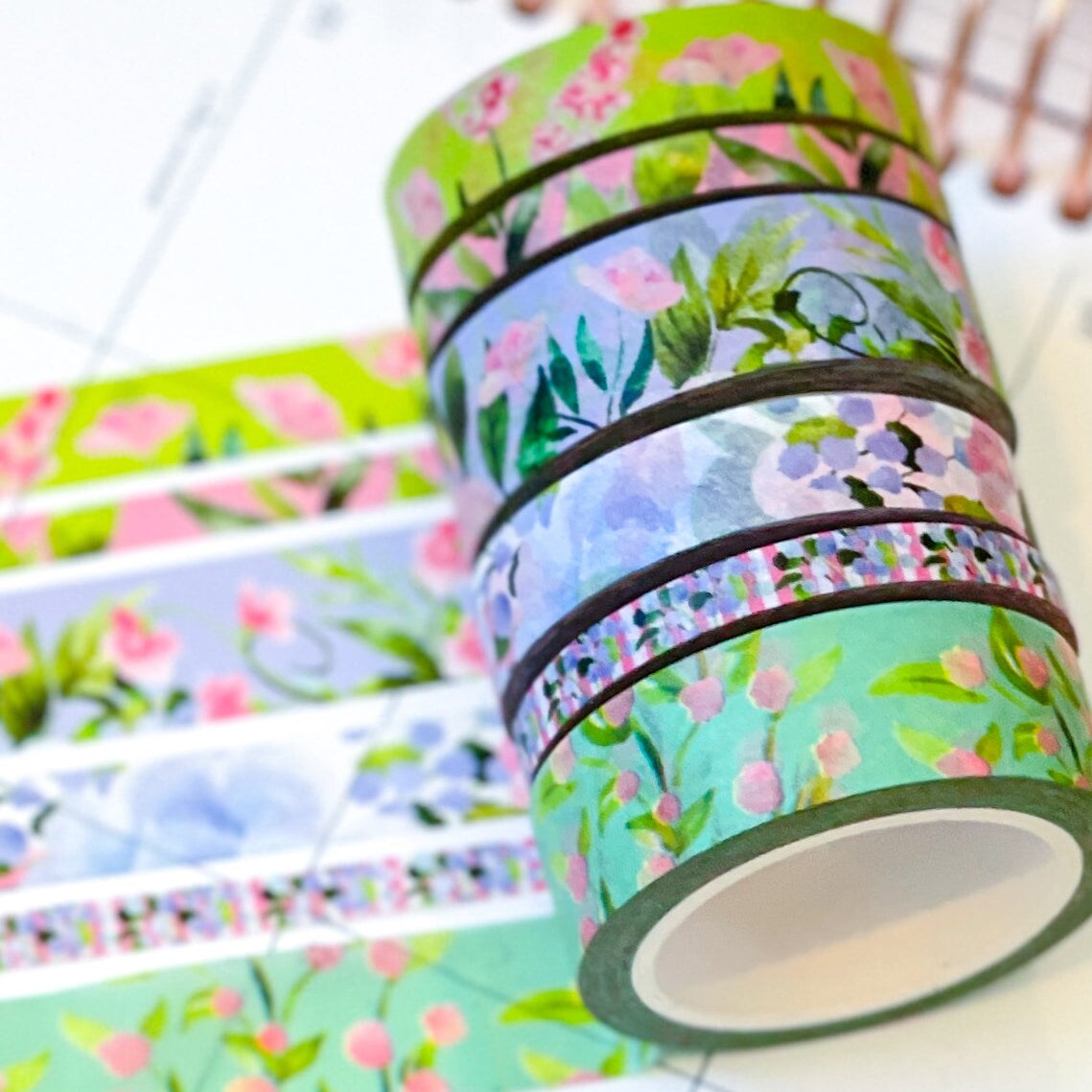 Mint Green Pink Floral Tulips Flowers Spring Washi Tape Set (#W081)