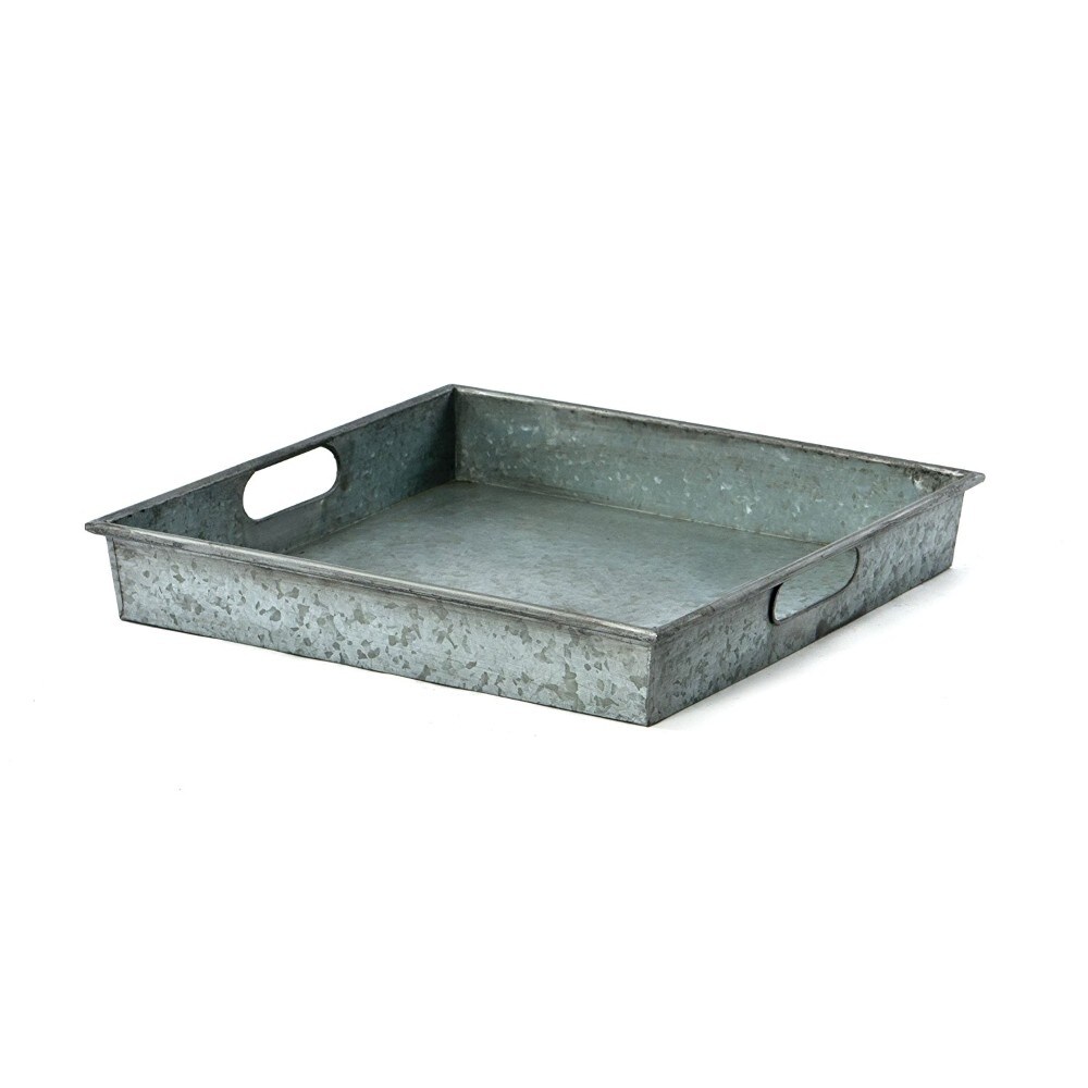 Saltoro Sherpi Benzara Square Galvanized Metal Tray With Handle, Gray-