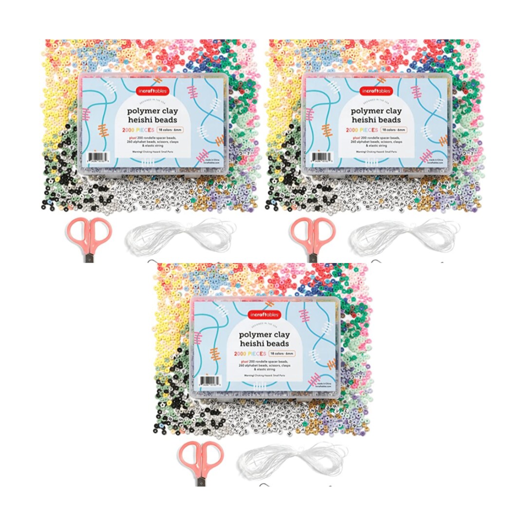 3 PACK - Incraftables 6mm Clay Beads for Bracelets Making (2000pcs) 18 Colors Set. Best Polymer Clay Heishi Beads for DIY Jewelry. Thin Flat Round Disc Small Beads Bulk Kit w/Spacer, Letter Beads & String