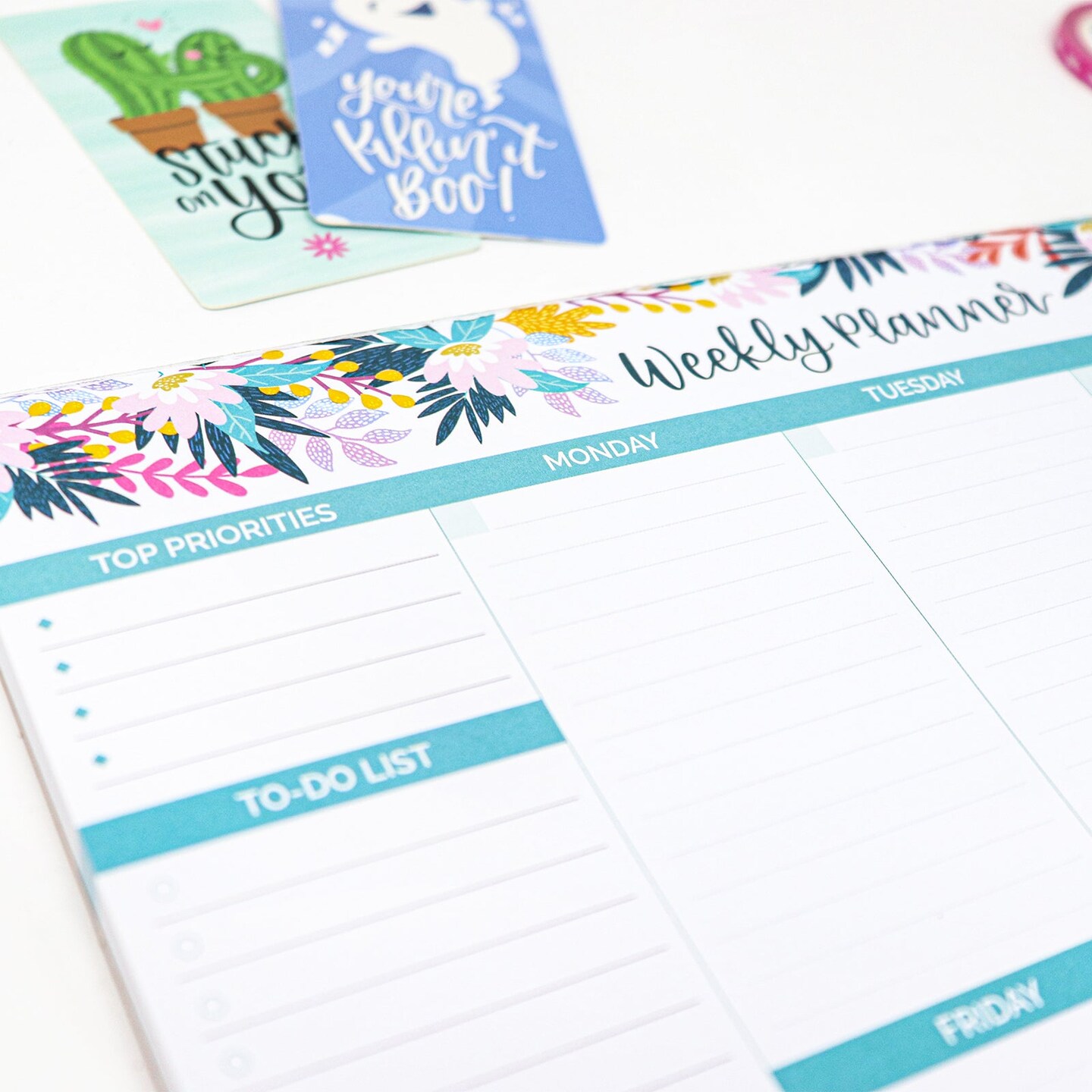 bloom daily planners Planning Pad, 8.5&#x22; x 11&#x22;, Horizontal Weekly Planner, Teal Floral