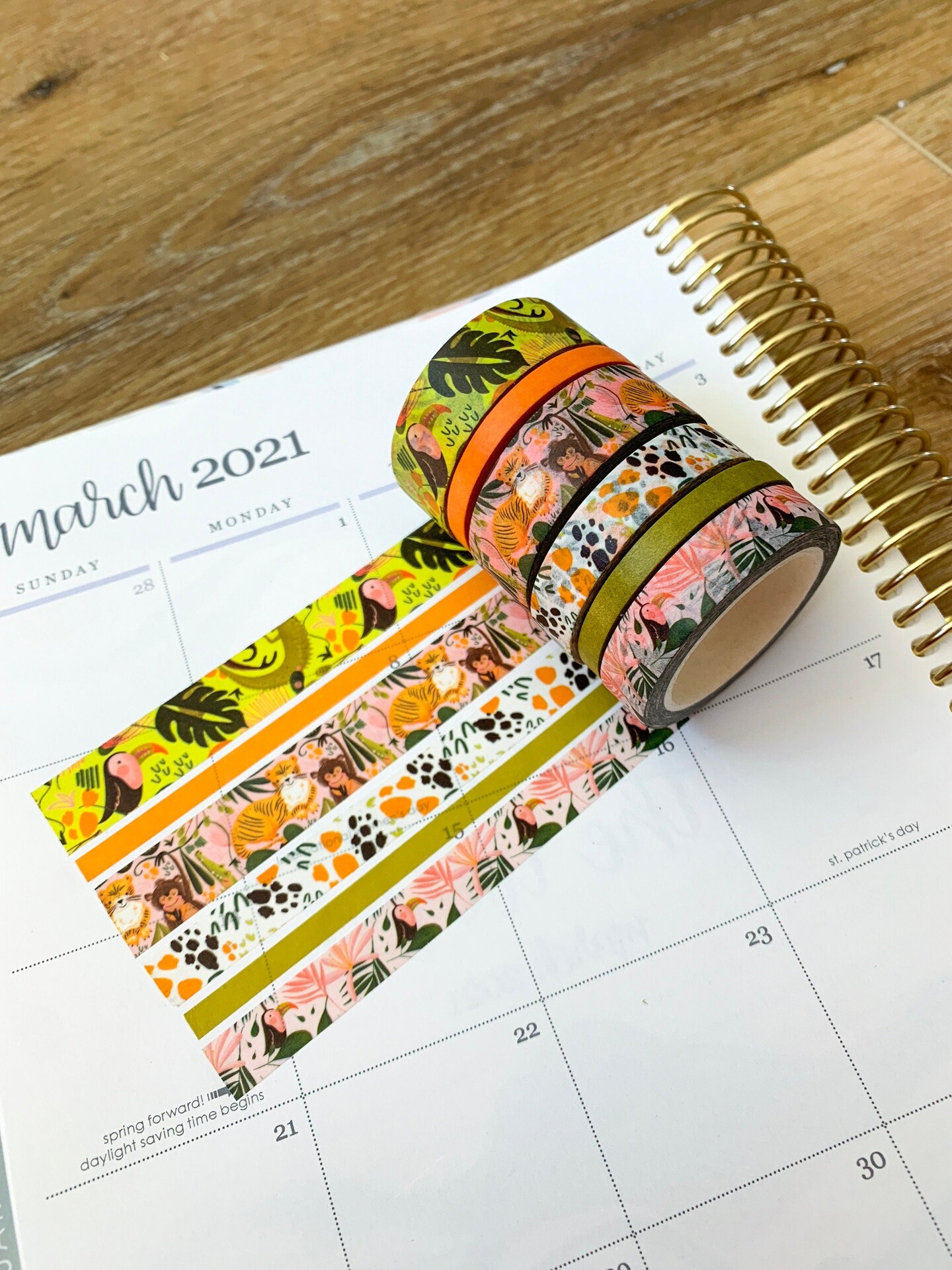 Jungle Lush Tropical Tigers Monkeys Birds & Zebras Green & Orange Washi Tape Set (#W020)