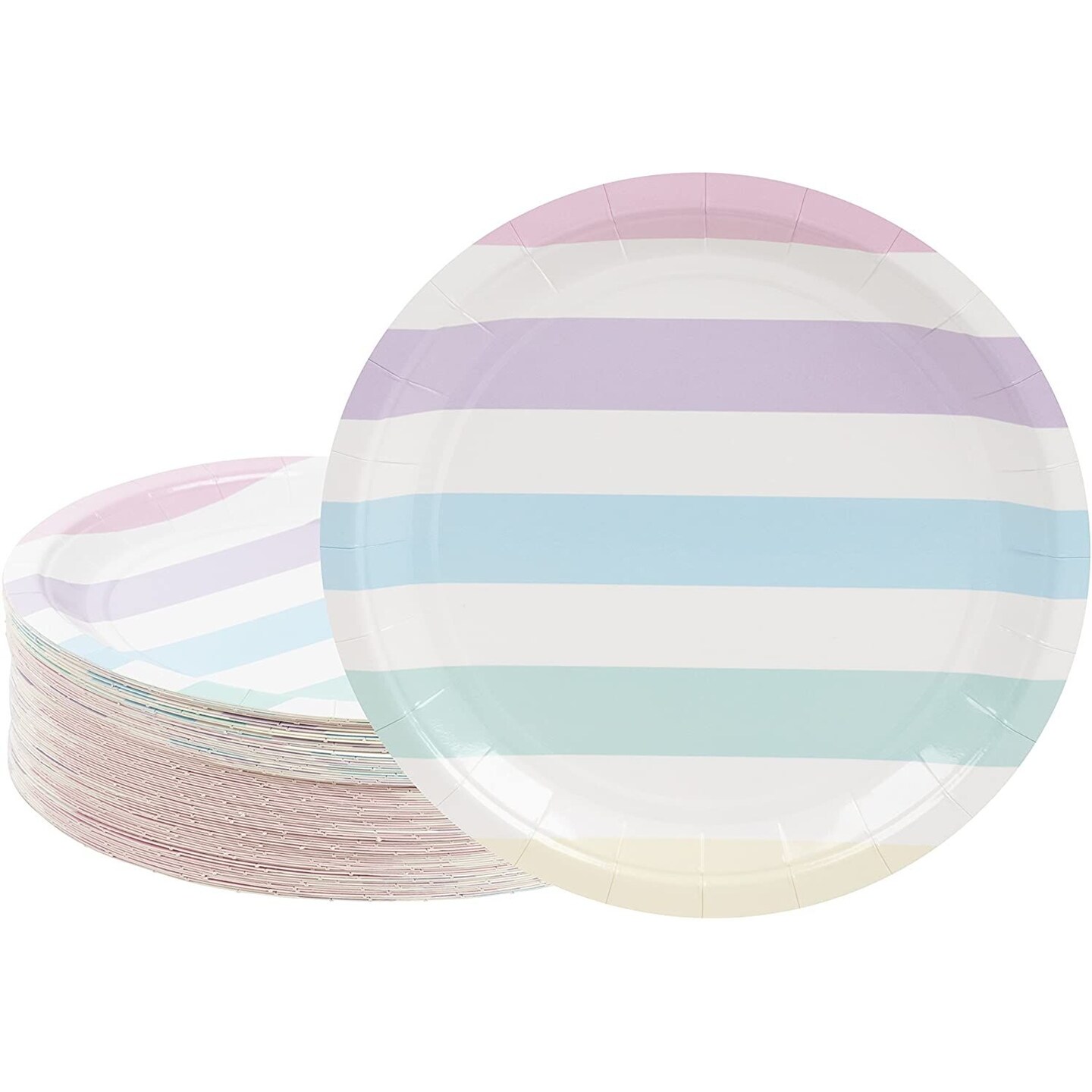 80-Count Disposable Paper Plates, Multi-Colored Pastel Stripes Design, 9 Inches