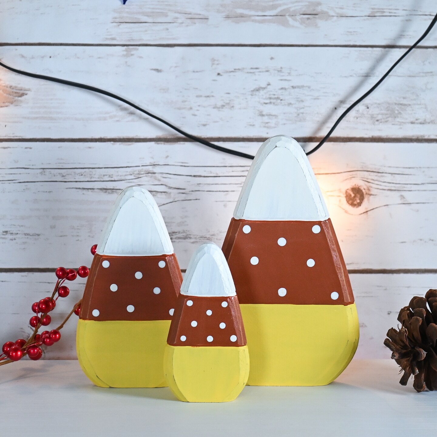 Ornativity Candy Corn Home Decorations - Rustic Wooden Painted Fall Shelf Sitters Farmhouse Mantel Shelves and Tabletop Ornament Decor - Set of 3 Pieces
