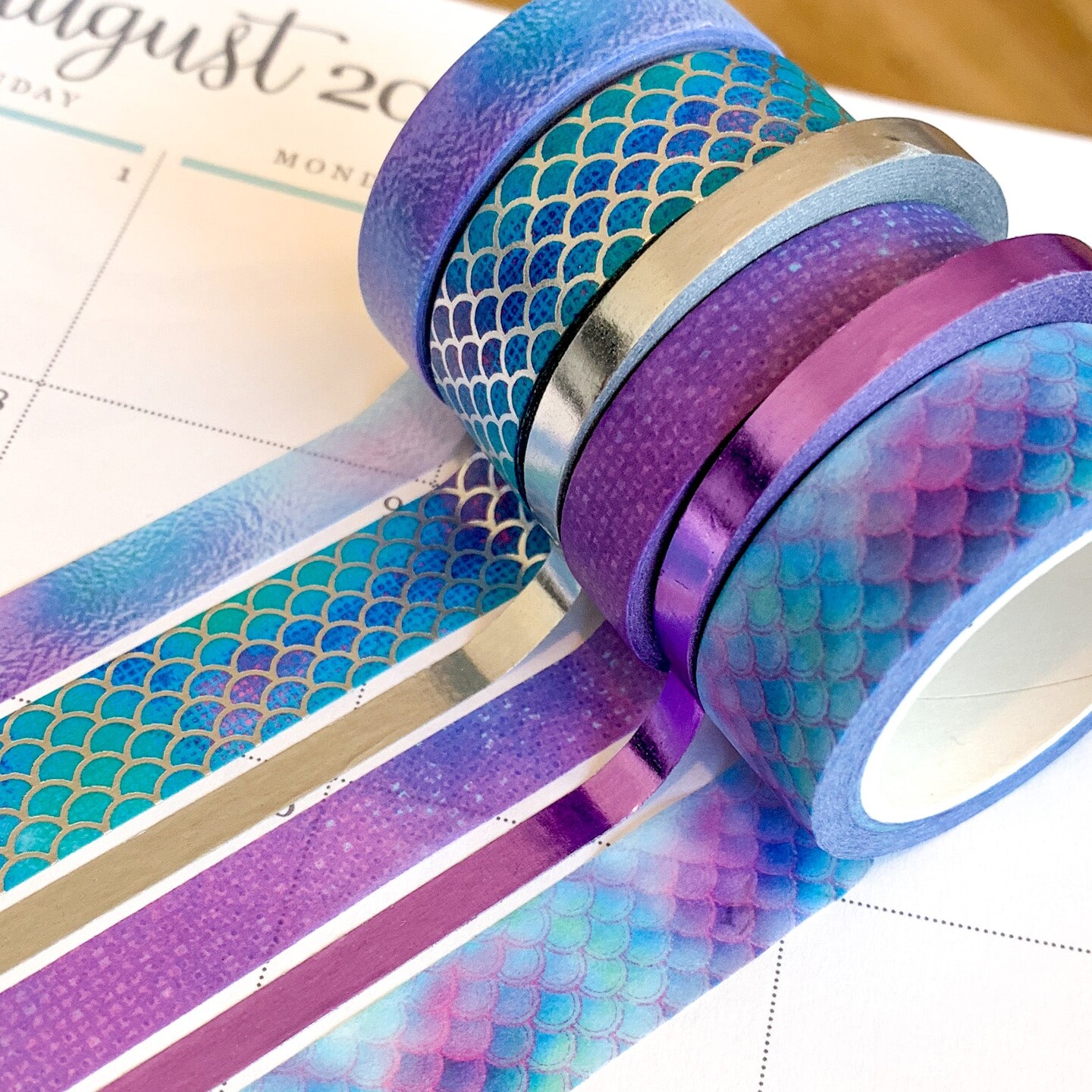 FOILED Mermaid Purple Blue &#x26; Silver Ocean Washi Tape Set (#W010)