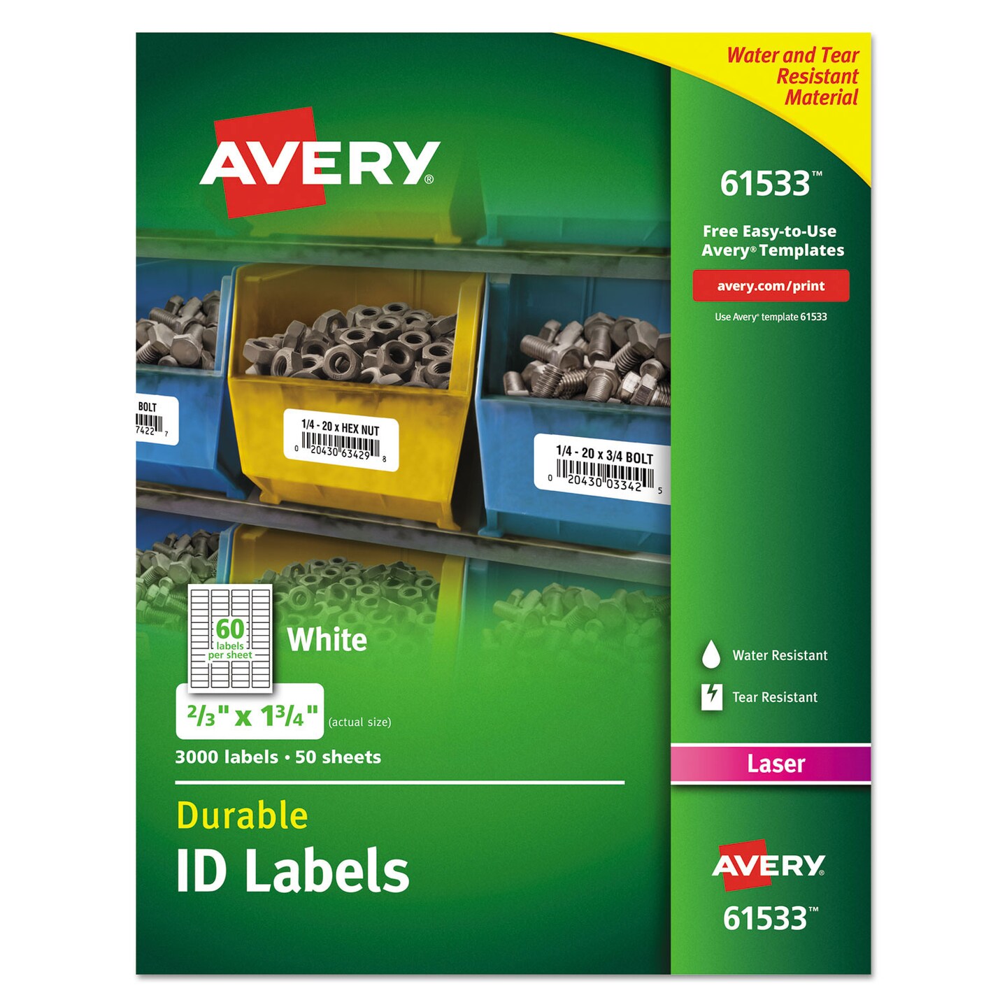 Durable Permanent ID Labels with TrueBlock Technology, Laser Printers, 0.66 x 1.75, White, 60/Sheet, 50 Sheets/Pack