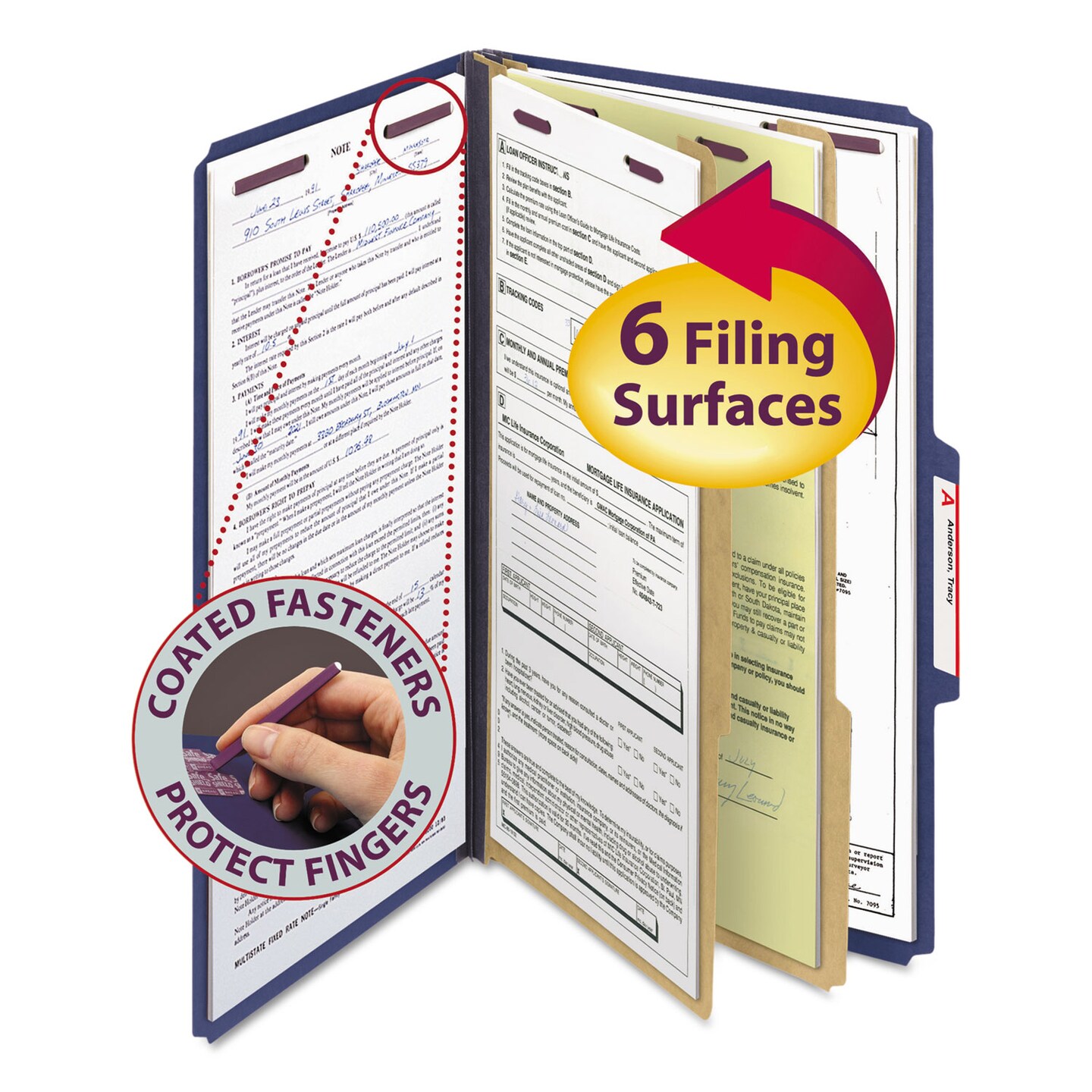 Six-Section Pressboard Top Tab Classification Folders, Six SafeSHIELD Fasteners, 2 Dividers, Legal Size, Dark Blue, 10/Box