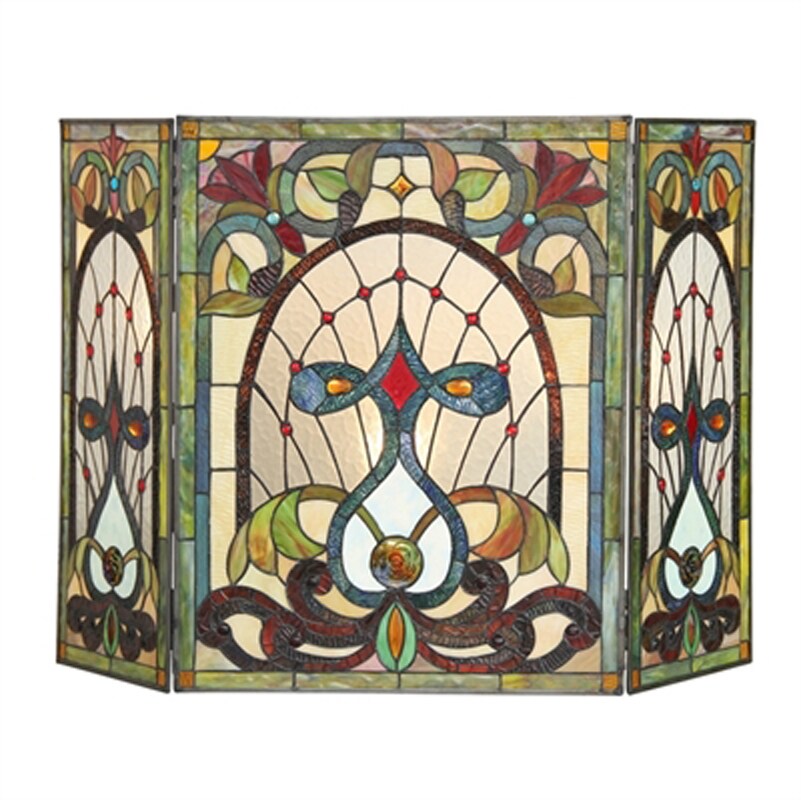 CHLOE Lighting CH3F462GV44-GFS   RUBY Tiffany-glass 3pcs Folding Victorian Fireplace Screen 44&#x22; Wide