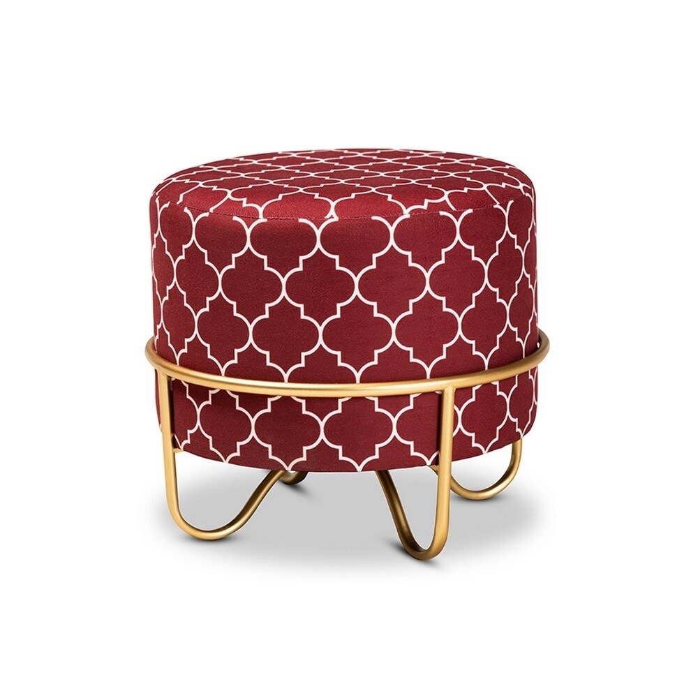 Baxton Studio Candice Glam and Luxe Red Quatrefoil Velvet Fabric Upholstered Gold Finished Metal Ottoman