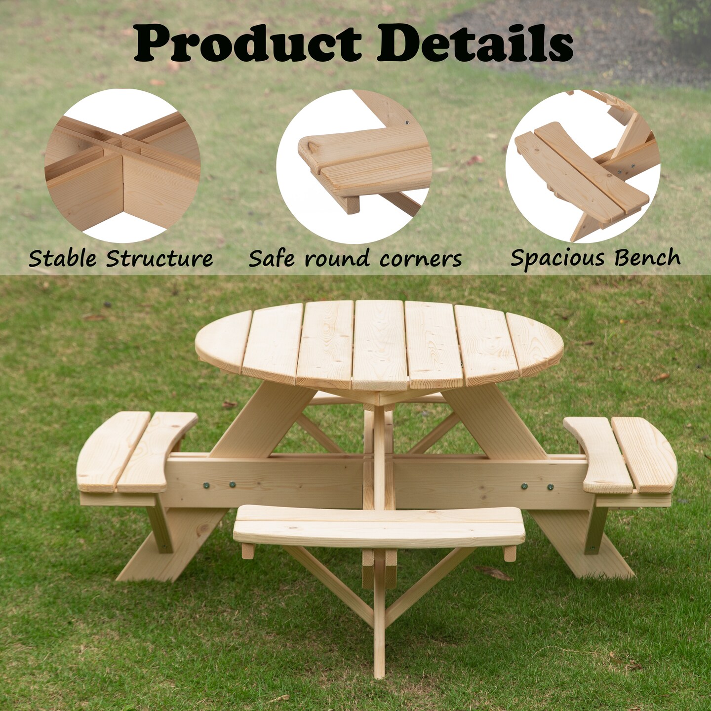 Wooden Kids Round Picnic Table Bench, Outdoor Children&#x27;s Backyard Table, Crafting, Dining, and Playtime Patio Table