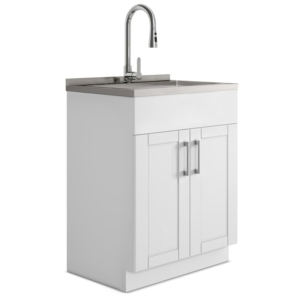 Modern Wide Shaker 28 Inch Laundry Cabinet With Stainless Steel Sink Brushed Nickel