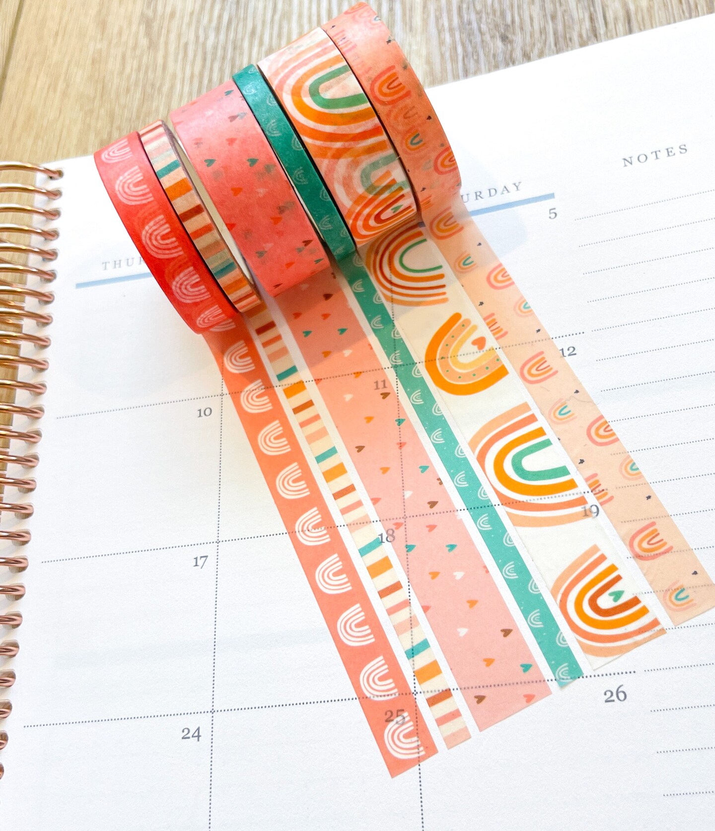 Boho Rainbows Peach Summer Pink Hearts Stripes Washi Tape Set