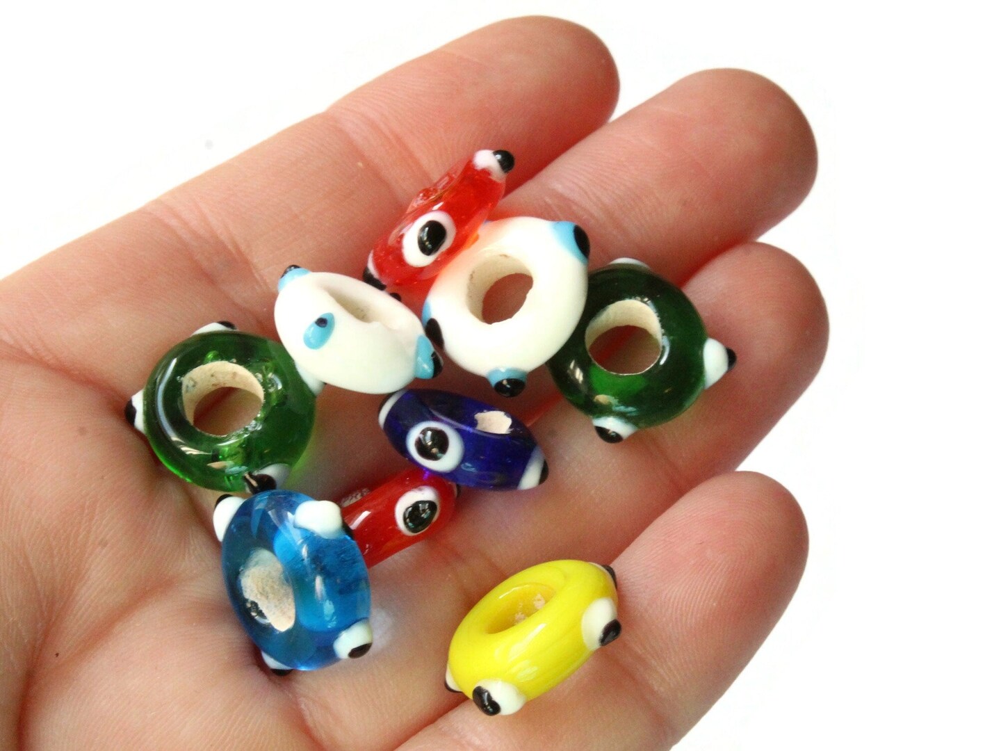 10 Rainbow Evil Eye Mixed Lampwork Glass Large Hole Rondelle Beads