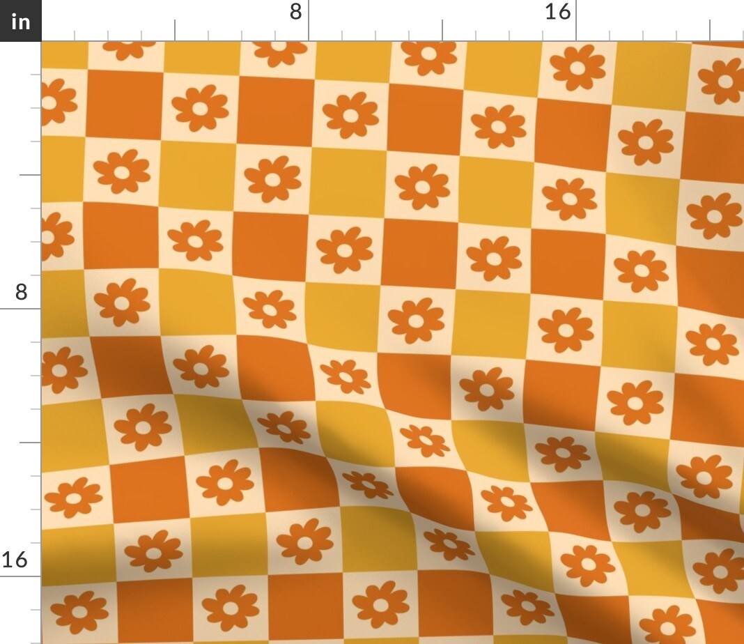 Flower Floral Modern Check Square Daisies Retro Custom Printed Fabric by Spoonflower Various Fabrics by the Yard or Fat Quarter