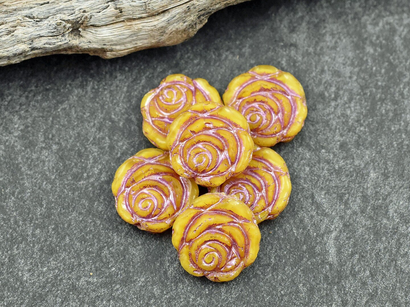6 14mm Pink Washed Sunflower Yellow Rose Flower Beads