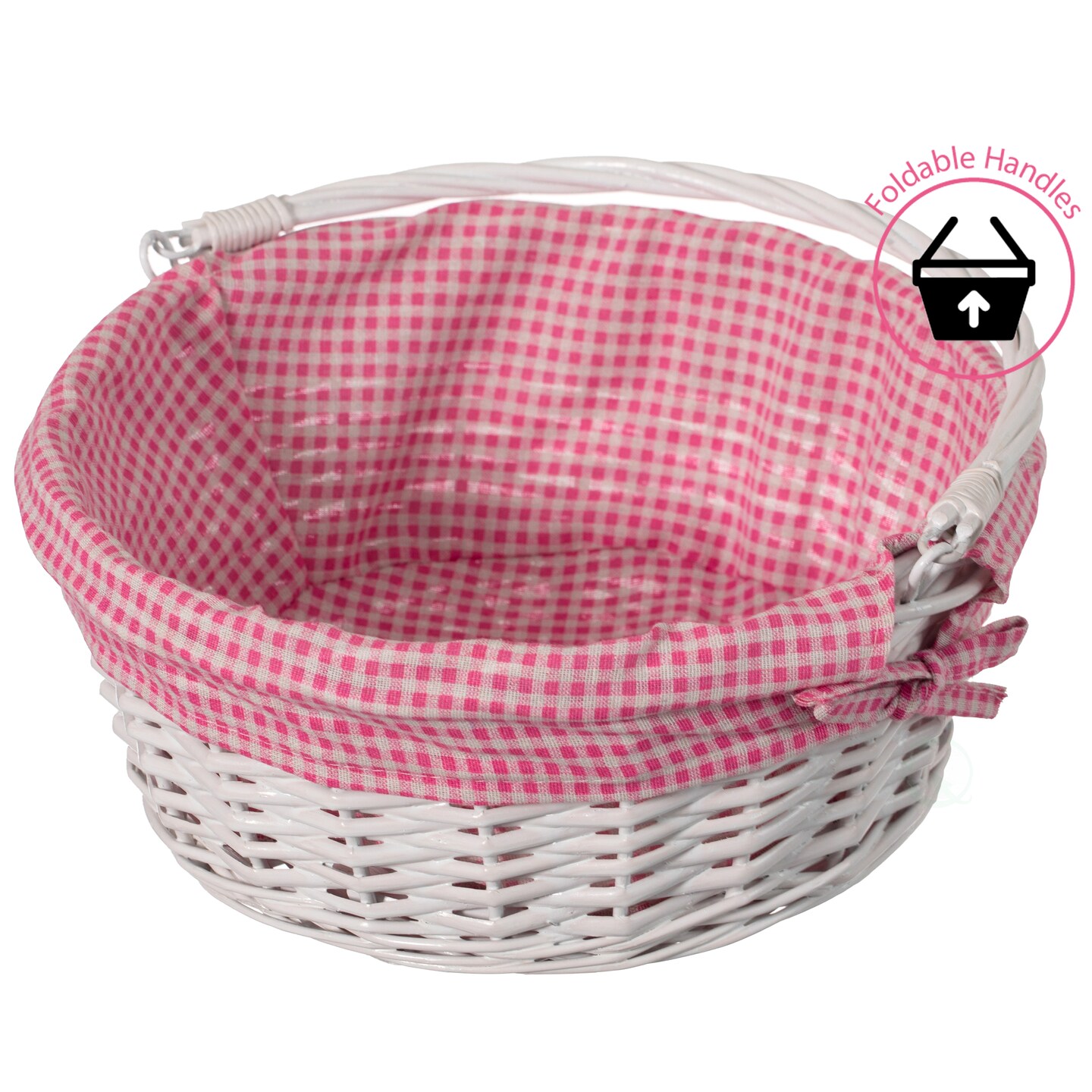 Traditional White Round Willow Gift Basket with Gingham Liner and Sturdy Foldable Handles, Food Snacks Storage Basket