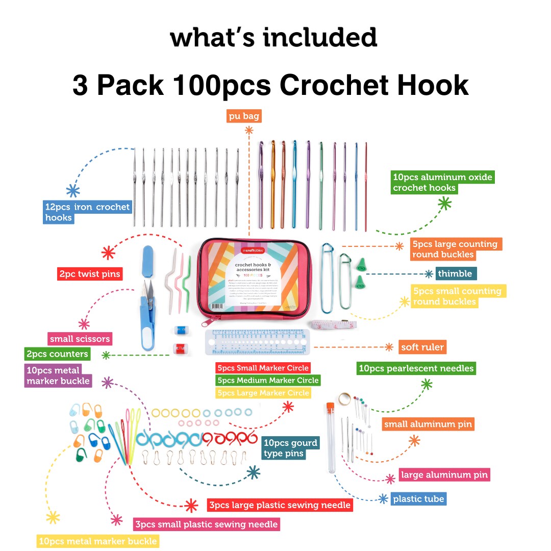 Incraftables Crochet Hook Set with Case 100pcs with Needles, Scissors,  Ruler, Head Pin & Accessories