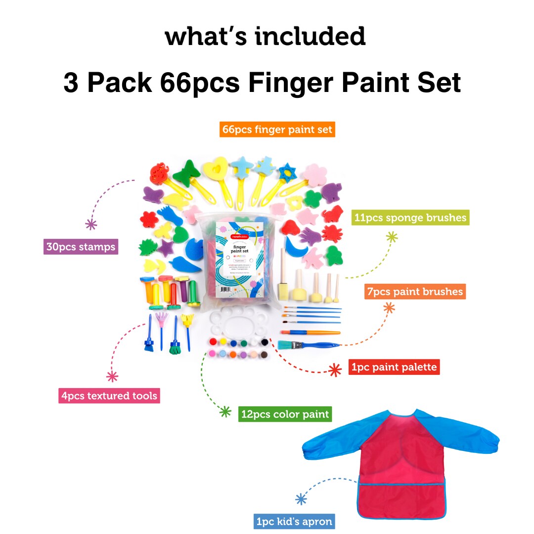 3 PACK - Incraftables Kid Paint Set. Non Toxic Finger Paint for Kids with Apron, Palette, Brushes, Textured Tools, Stamps &#x26; Sponge Brushes. Washable Paint Set for Adults &#x26; Kids Age 3+ for DIY Art &#x26; Crafts