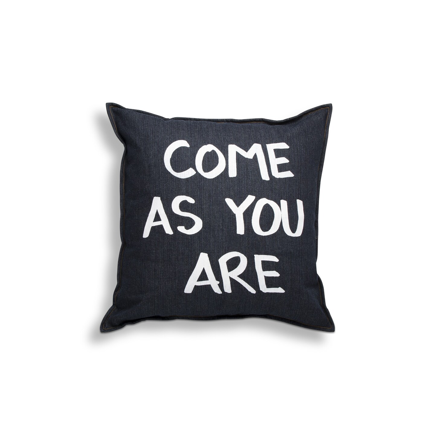 20&#x22;x20&#x22; Come As You Are Denim Hand Screen Printed Hidden Zipper Closure Cotton Accent Decorative Throw Pillow Poly Filled Removable Insert Square Blue