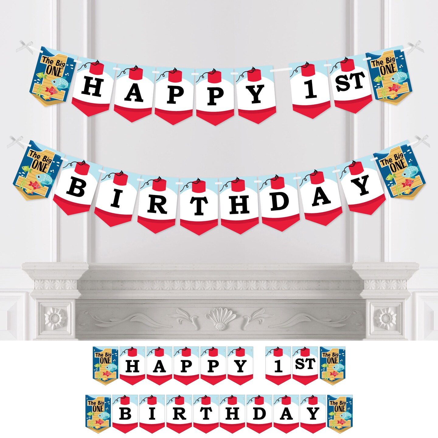 Big Dot of Happiness 1st Birthday Reeling in the Big One - Fish First  Birthday Party Bunting Banner - Party Decorations - Happy 1st Birthday