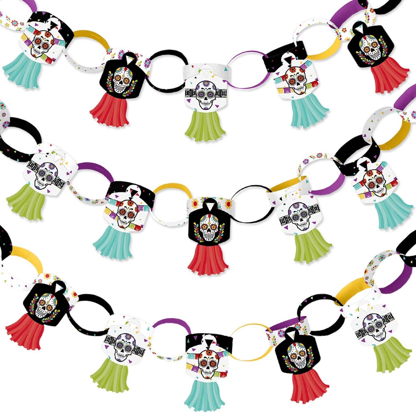 Big Dot of Happiness Day of the Dead - 90 Chain Links and 30 Paper Tassels Decoration Kit - Sugar Skull Party Paper Chains Garland - 21 feet