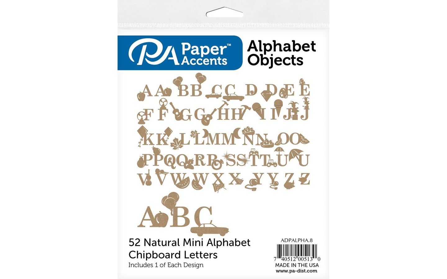 Chipboard Alphabet Objects Shapes 52pc Natural