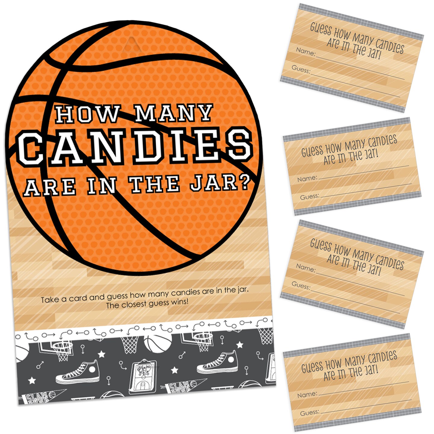 Big Dot of Happiness Nothin’ But Net - Basketball - How Many Candies Baby Shower or Birthday Party Game - 1 Stand and 40 Cards - Candy Guessing Game