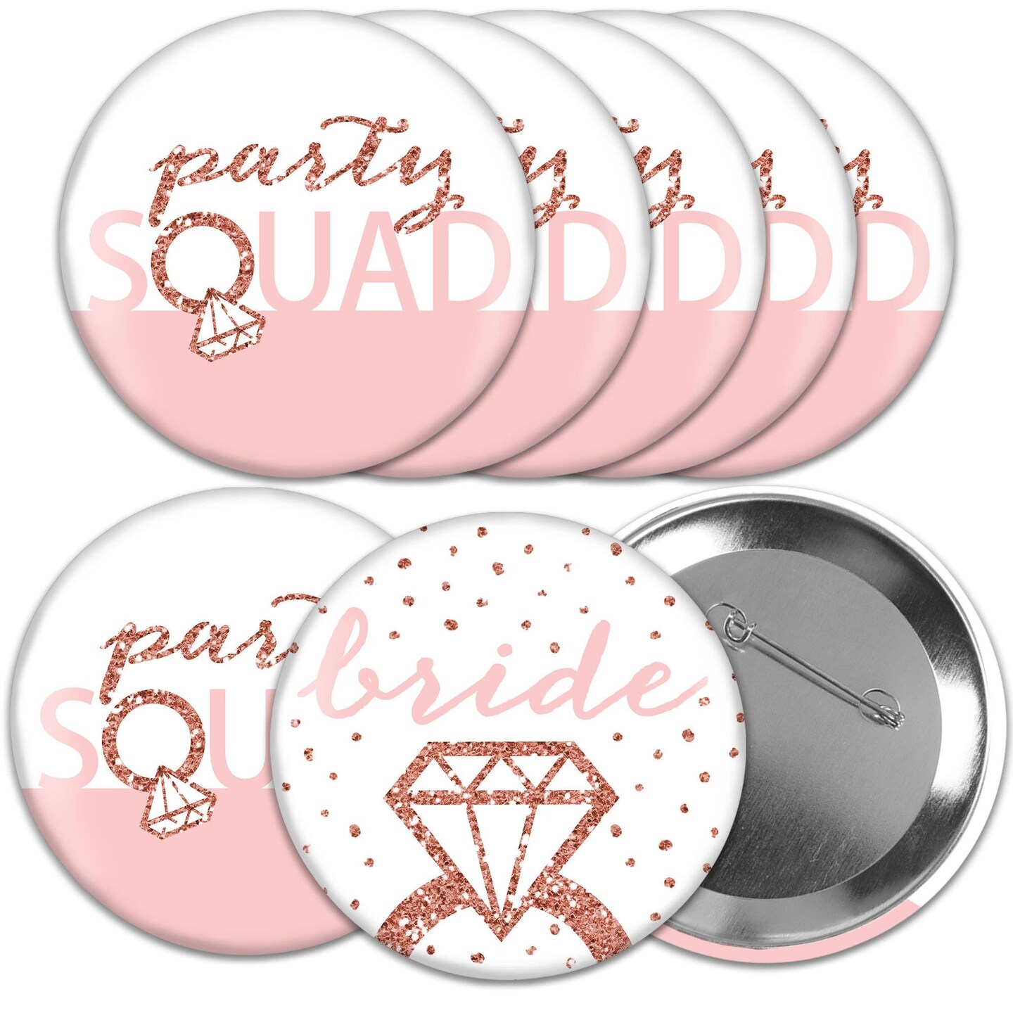 Big Dot of Happiness Bride Squad - 3 inch Rose Gold Bridal Shower or Bachelorette Party Badge - Pinback Buttons - Set of 8