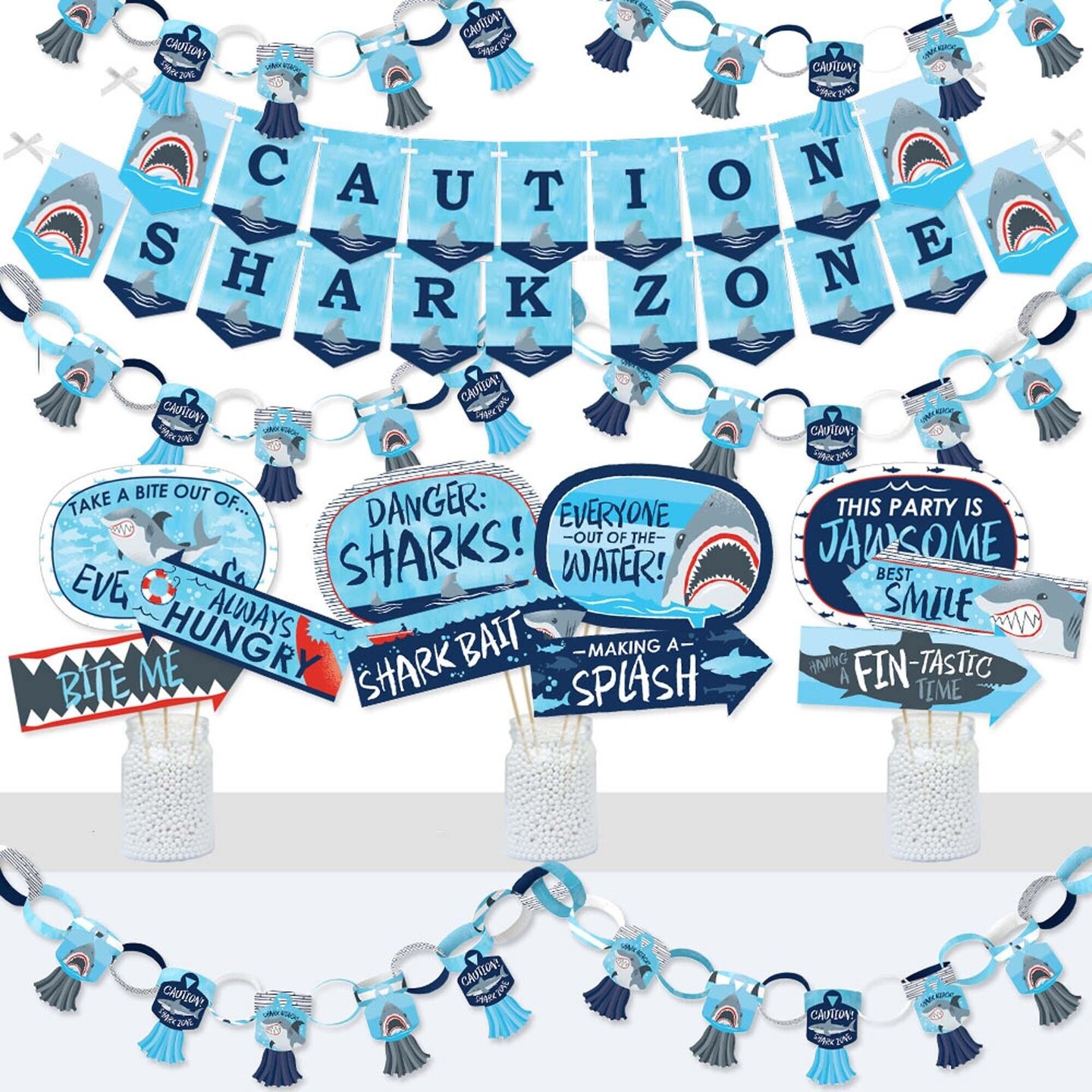 Big Dot of Happiness Shark Zone - Banner and Photo Booth Decorations - Jawsome Shark Party or Birthday Party Supplies Kit - Doterrific Bundle