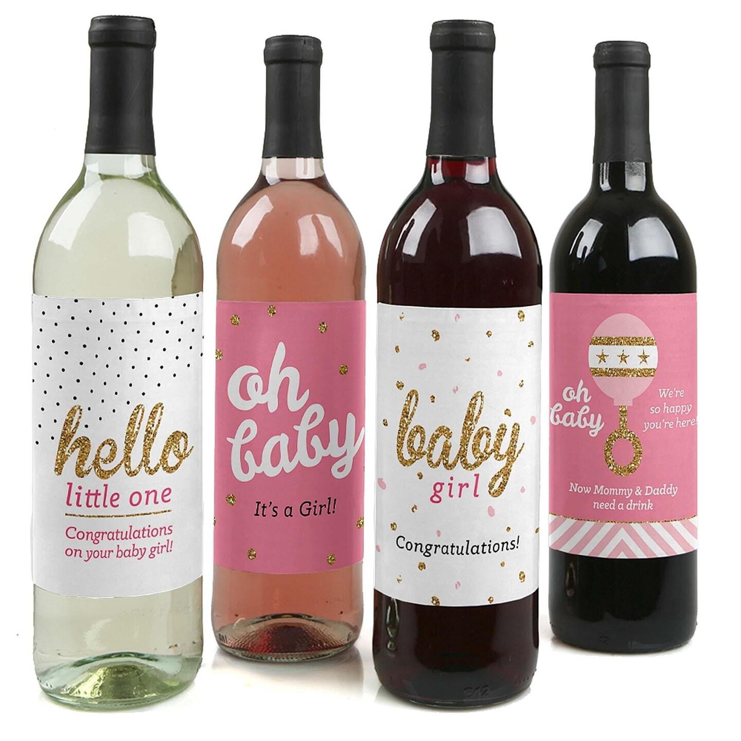 Big Dot of Happiness Hello Little One - Pink and Gold - Girl Baby Shower Gift for Women and Men - Wine Bottle Label Stickers - Set of 4